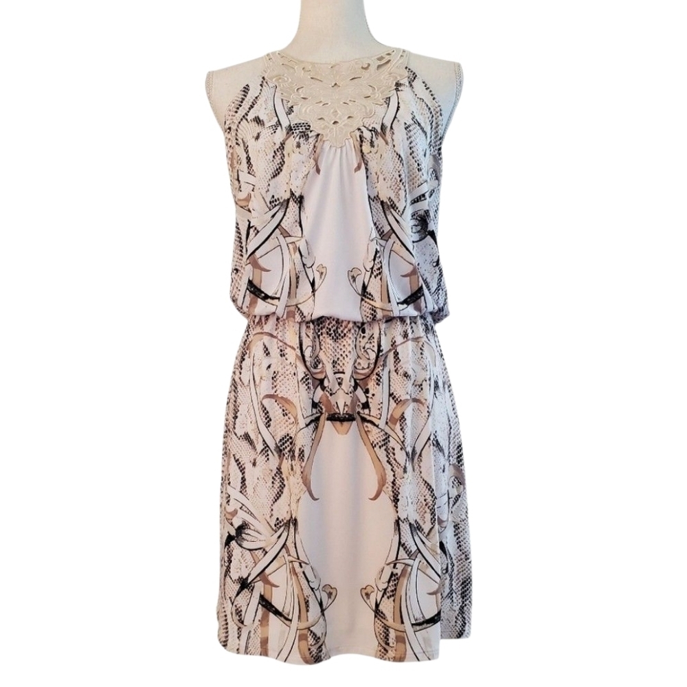 White House Black Market Halter Snakeskin Print Blouson Dress White Gold Size S
